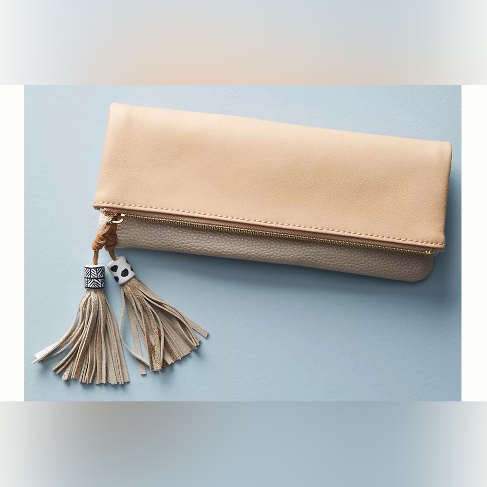 Anthropologie Beige Clutch with Tassel Details Foothills Pouch
